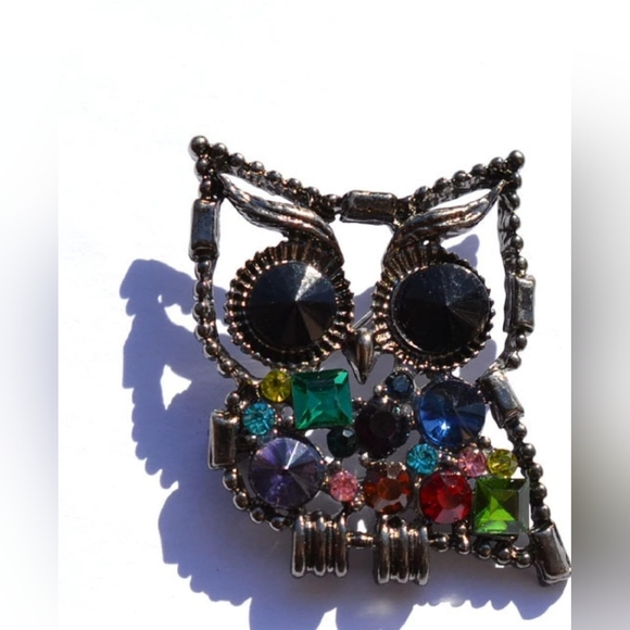 Silver Plated gold chain multicolor crystal owl necklace brooch - Picture 12 of 14